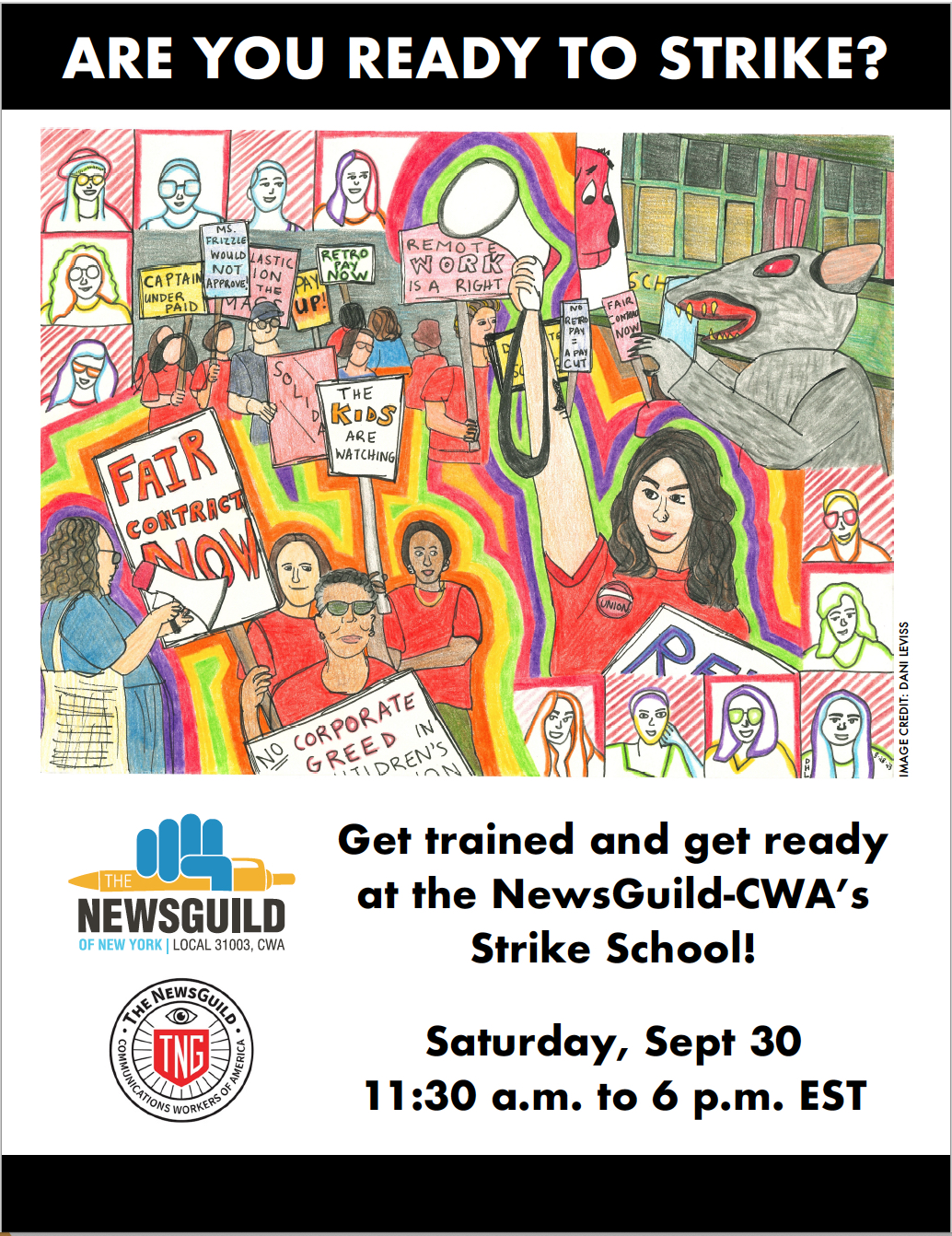 Strike School 2023 poster by Dani Leviss of Scholastic Union. Join Guild members from across the country on Saturday, September 30 to learn everything you need to know to get strike ready!